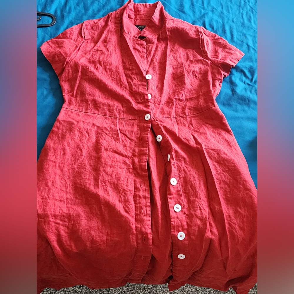 Quince 100% European Linen Button Front Dress in Chile Red Sz L
